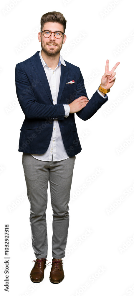 Young handsome business man wearing glasses smiling with happy face winking at the camera doing victory sign. Number two. Young handsome business man wearing glasses smiling with happy face winking at the camera doing victory sign. Number two.