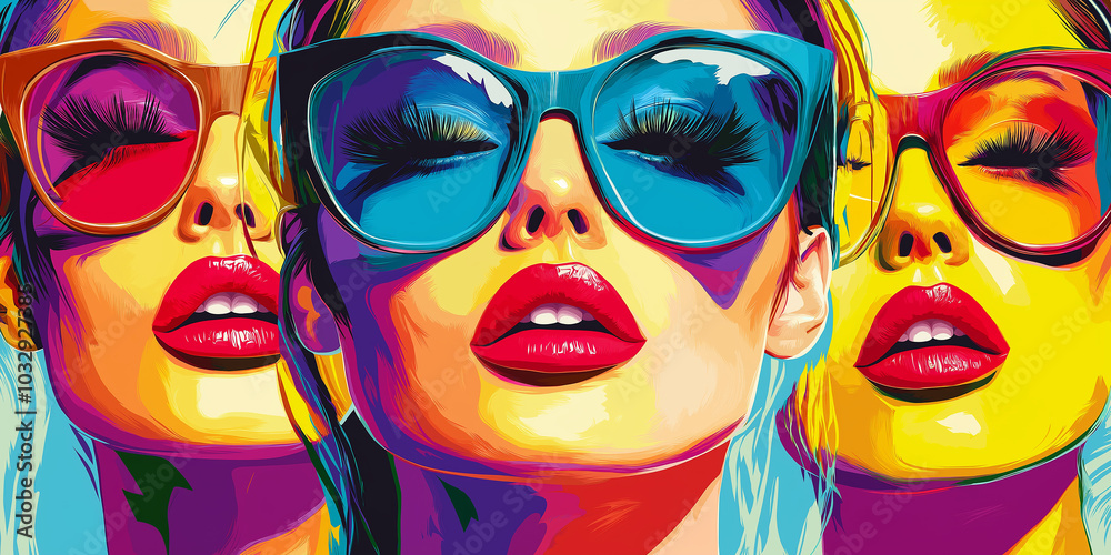 Three fashion models posing wearing colorful sunglasses Three fashion models posing wearing colorful sunglasses