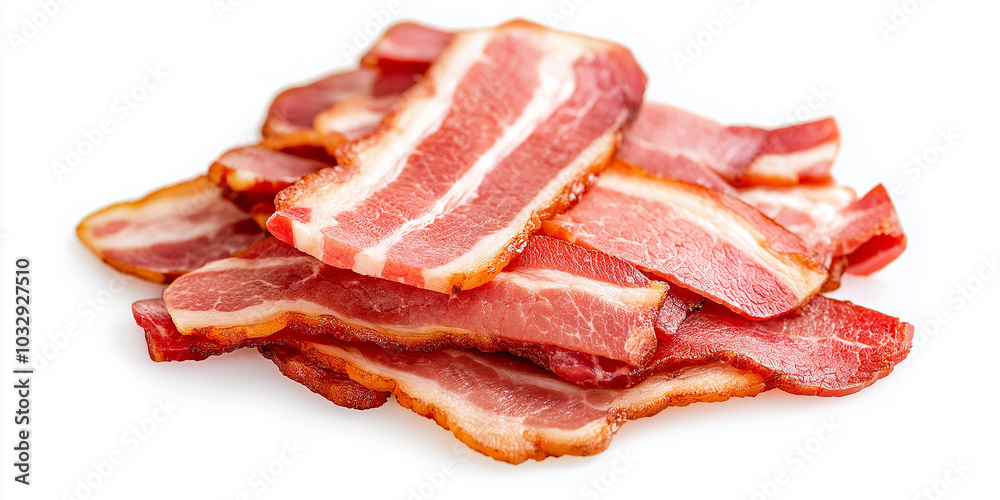 Pile of raw bacon strips isolated on white background Pile of raw bacon strips isolated on white background