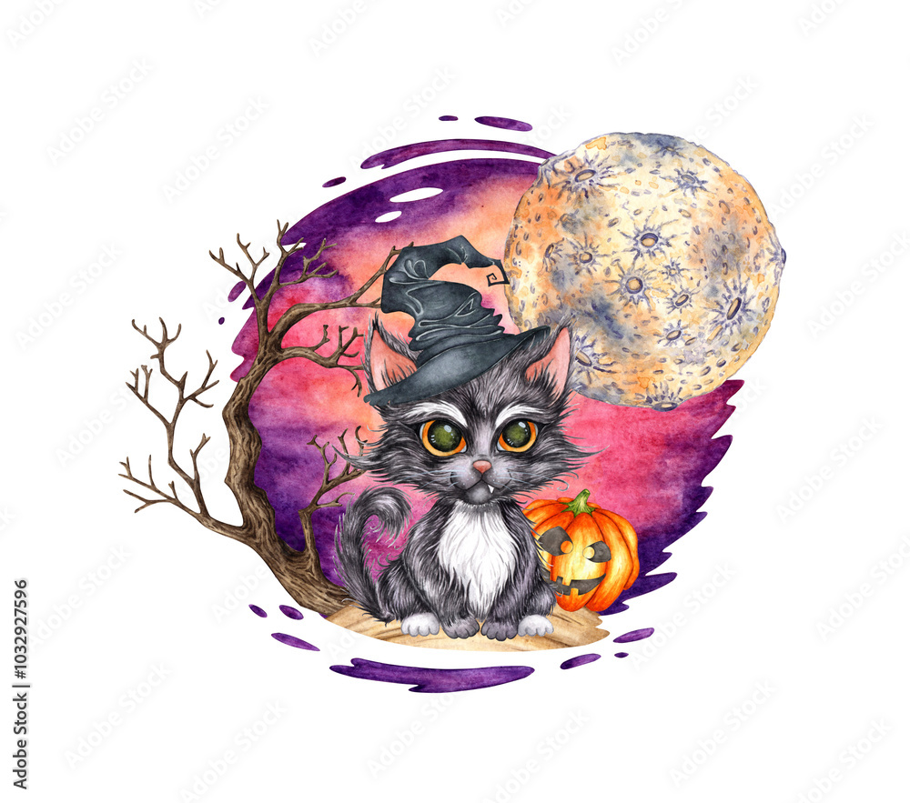 A black kitten in a witch hat sits under a tree and a pumpkin, at night ...