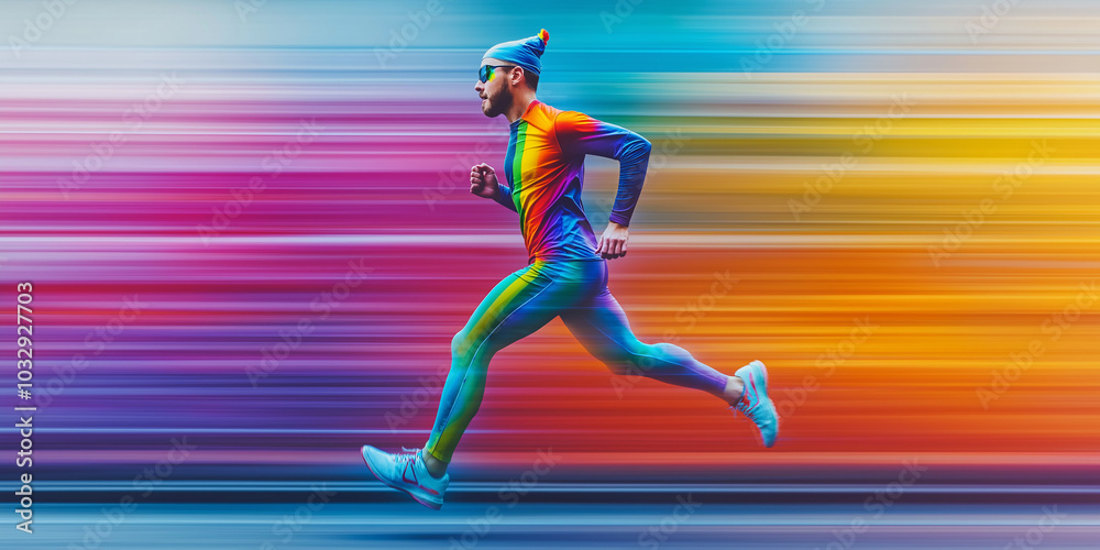 Athlete running very fast with rainbow colors speed lines effect