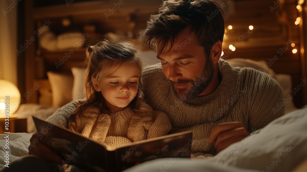Father and daughter reading a bedtime story together, surrounded by warm ambient light and cozy blankets, creating a calm and intimate bonding moment. Father and daughter reading a bedtime story together, surrounded by warm ambient light and cozy blankets, creating a calm and intimate bonding moment.