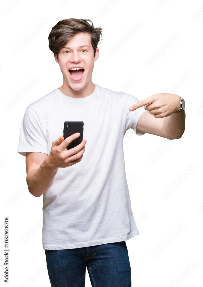 Young man using smartphone over isolated background very happy pointing with hand and finger Young man using smartphone over isolated background very happy pointing with hand and finger
