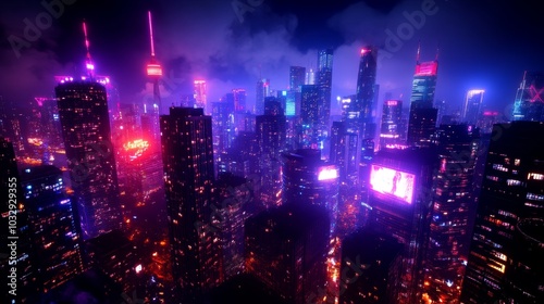 A vibrant retro-futuristic skyline, towering glass skyscrapers, neon lights glowing, and lower levels covered in bold, colorful street art