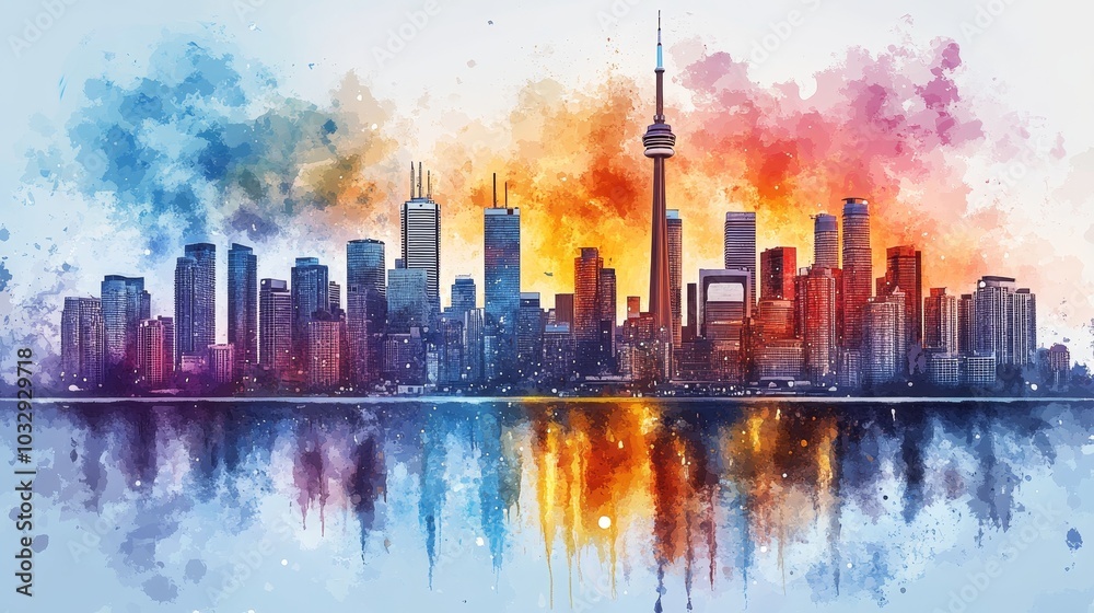 Obraz premium A city skyline bathed in soft watercolor tones, skyscrapers adorned with bold, colorful street art, creating a striking contrast between modernity and raw expression