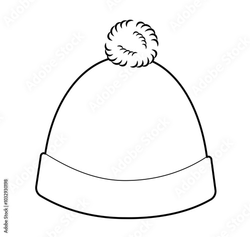 Bobble Hat with pompom. Knitted Winter Head Fashion accessory cap clothing technical illustration. Vector headgear for Men, women, unisex style, flat template CAD mockup sketch outline isolated