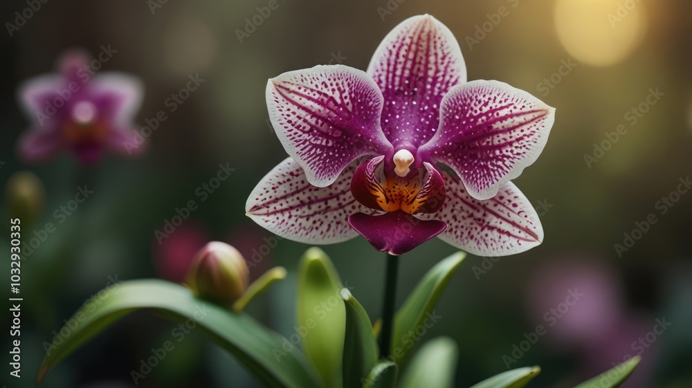 A single pink and white orchid flower with purple spots is in focus, with a blurred background of other orchids and foliage. A single pink and white orchid flower with purple spots is in focus, with a blurred background of other orchids and foliage.