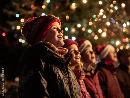 A community gathering for a Christmas tree lighting ceremony, with everyone singing carols and feeling the true Christmas spirit.