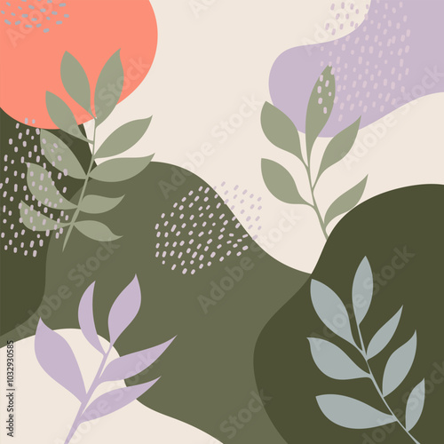 Nature abstraction with leaves. This abstract composition with plant elements in soft pastel tones conveys a sense of nature and tranquility.