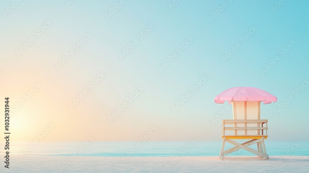 A serene beach scene featuring a lifeguard tower with a pink umbrella, set against a pastel sky and tranquil ocean waves. A serene beach scene featuring a lifeguard tower with a pink umbrella, set against a pastel sky and tranquil ocean waves.