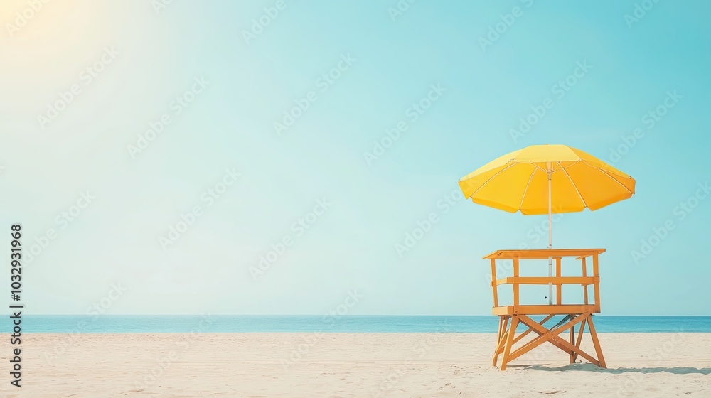 A serene beach scene featuring a yellow umbrella, wooden chair, and clear blue sky, evoking relaxation and tranquility. A serene beach scene featuring a yellow umbrella, wooden chair, and clear blue sky, evoking relaxation and tranquility.