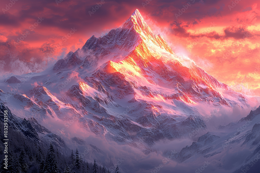 A snow-covered mountain peak glowing in the light of dawn creates a majestic and awe-inspiring scene. Concept of beauty in nature. A snow-covered mountain peak glowing in the light of dawn creates a majestic and awe-inspiring scene. Concept of beauty in nature.