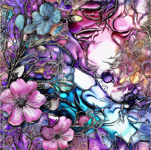 Mesmerizing Soft Pastel Colored Alcohol Inc Pink Flora, Purple, Blue and White Mosaic Type Style, with Silver and Gold Embossed Edges