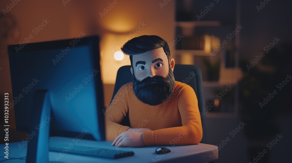 handsome man sitting at computer looking at camera. Working at home on computer handsome man sitting at computer looking at camera. Working at home on computer