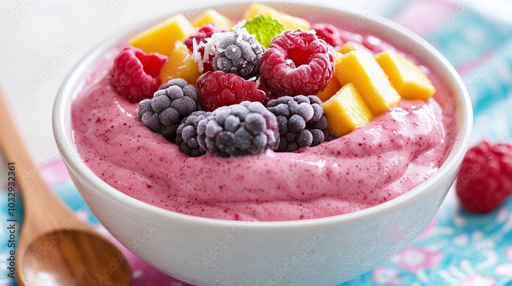 A close-up of a fruit smoothie bowl topped with fresh raspberries, blackberries, mango, and coconut flakes. A close-up of a fruit smoothie bowl topped with fresh raspberries, blackberries, mango, and coconut flakes.