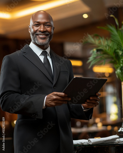 Professional hotel operations supervisor in a suit holding a tablet photo