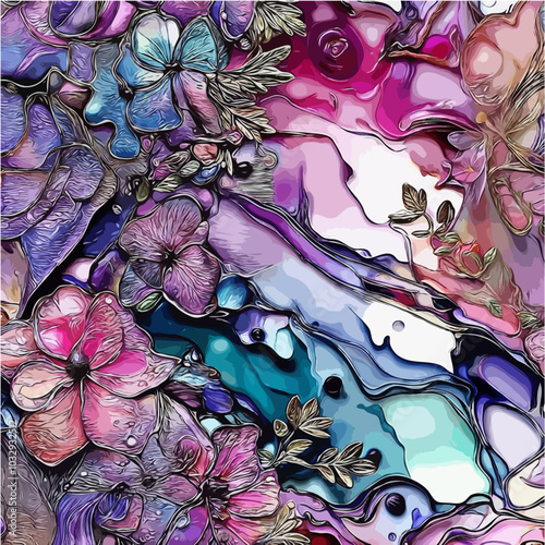 Mesmerizing Soft Pastel Colored Alcohol Inc Pink Flora, Purple, Blue and White Mosaic Type Style, with Silver and Gold Embossed Edges