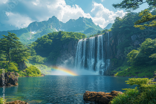 A rainbow arcing over a waterfall surrounded by greenery captures the magical and serene beauty of nature. Concept of beauty in nature.