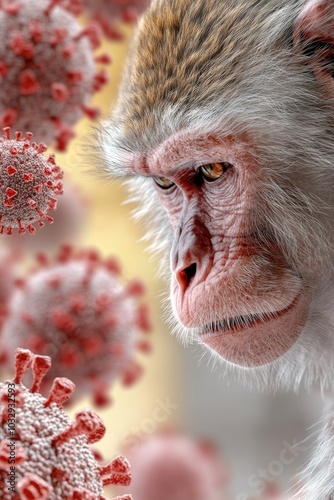 Viral threats from primates: background of monkey-related viruses such as monkeypox, SIV, rabies, Ebola, herpes B, yellow fever, focusing on zoonotic transmission, impact on human health. photo