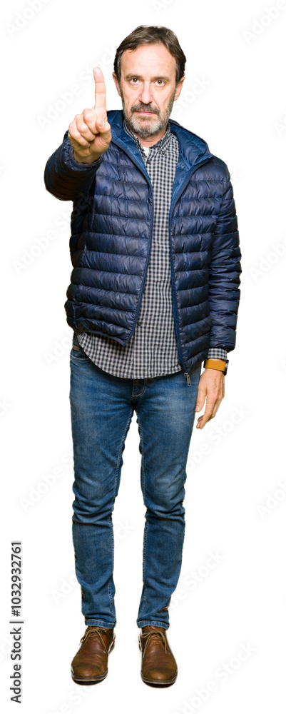 Middle age handsome man wearing winter coat Pointing with finger up and angry expression Middle age handsome man wearing winter coat Pointing with finger up and angry expression