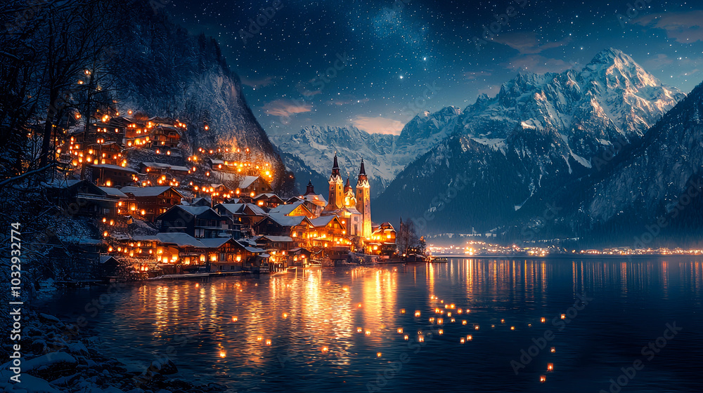 Serene night landscape with illuminated village. Serene night landscape with illuminated village.