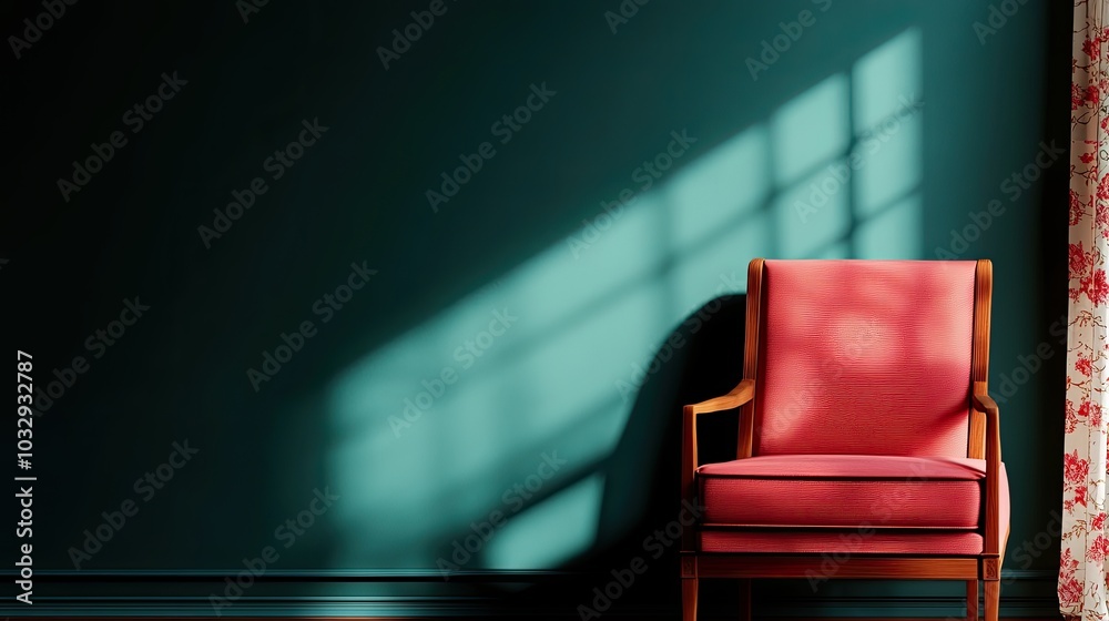 A stylish red chair against a dark green wall, with sunlight creating interesting shadows, adding depth and warmth to the space.