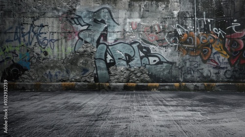 A gritty urban scene with a textured concrete wall adorned with vibrant graffiti, standing behind a weathered concrete podium, invoking a raw, street art atmosphere.