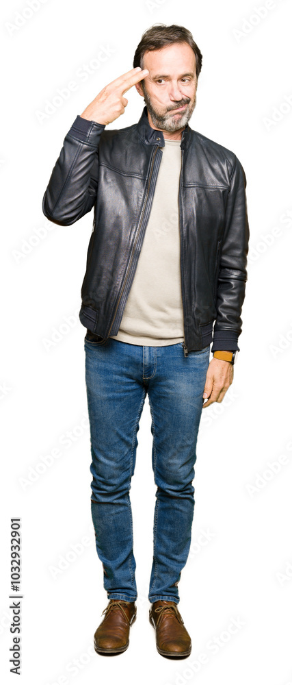 Middle age handsome man wearing black leather jacket Shooting and killing oneself pointing hand and fingers to head, suicide gesture. Middle age handsome man wearing black leather jacket Shooting and killing oneself pointing hand and fingers to head, suicide gesture.