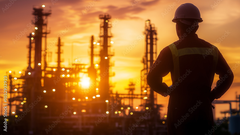 Silhouette of an oil worker working on an industrial structure at sunset Silhouette of an oil worker working on an industrial structure at sunset