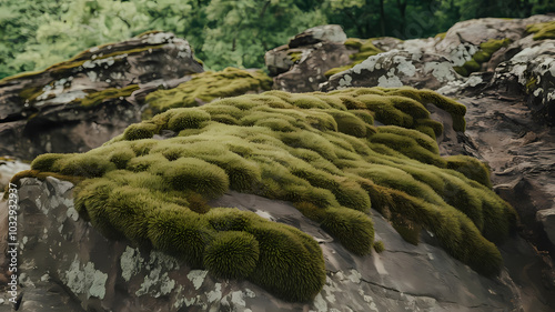 Lush green moss covering rocky terrain in a serene natural landscape, highlighting nature's vibrant textures and colors.