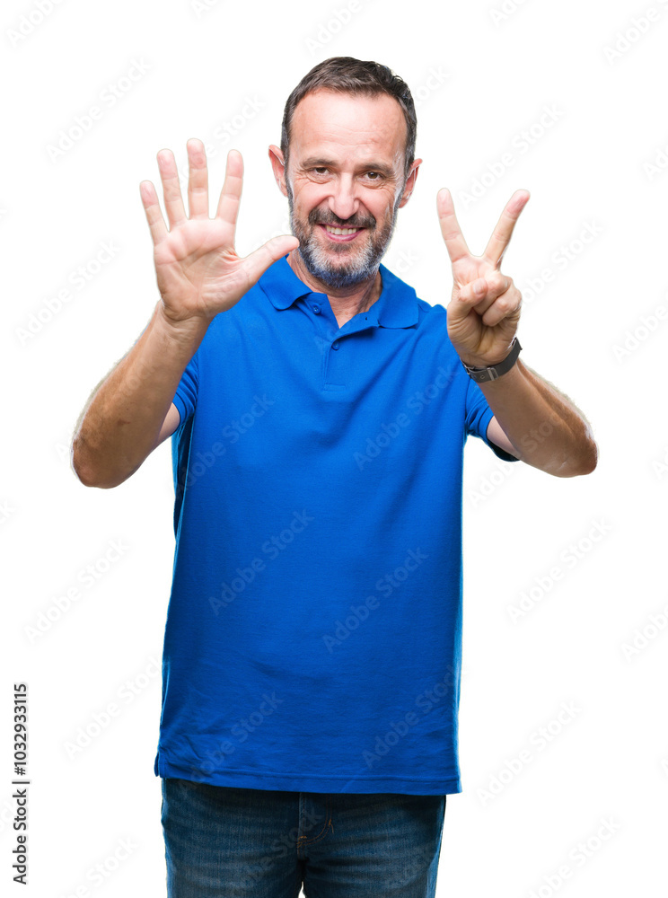 Middle age hoary senior man over isolated background showing and pointing up with fingers number seven while smiling confident and happy. Middle age hoary senior man over isolated background showing and pointing up with fingers number seven while smiling confident and happy.