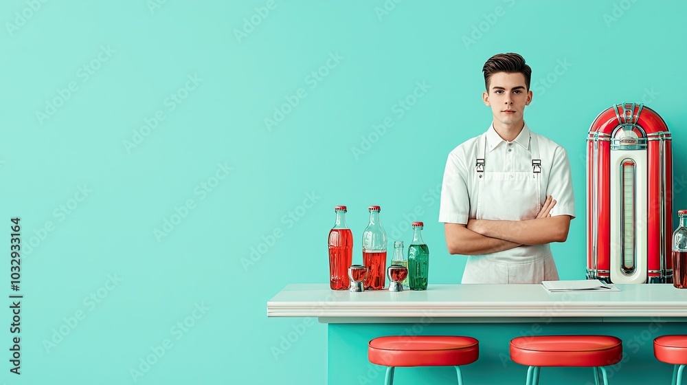 A young bartender stands confidently behind a vibrant turquoise bar with colorful drinks, exuding a retro vibe. A young bartender stands confidently behind a vibrant turquoise bar with colorful drinks, exuding a retro vibe.
