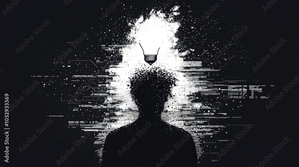 Silhouette with a light bulb above the head. Silhouette with a light bulb above the head.