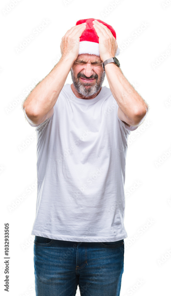 Middle age hoary senior man wearing christmas hat over isolated background suffering from headache desperate and stressed because pain and migraine. Hands on head. Middle age hoary senior man wearing christmas hat over isolated background suffering from headache desperate and stressed because pain and migraine. Hands on head.