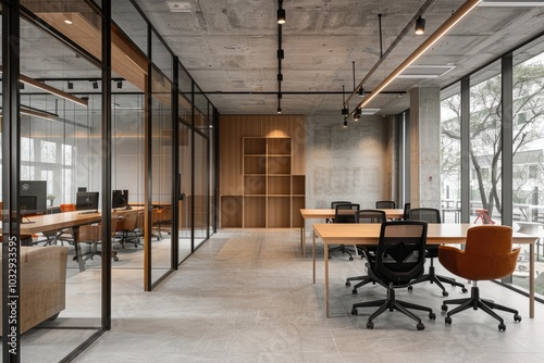 A modern office space featuring glass partitions, wooden furniture, and a minimalist design, ideal for productivity and collaboration.