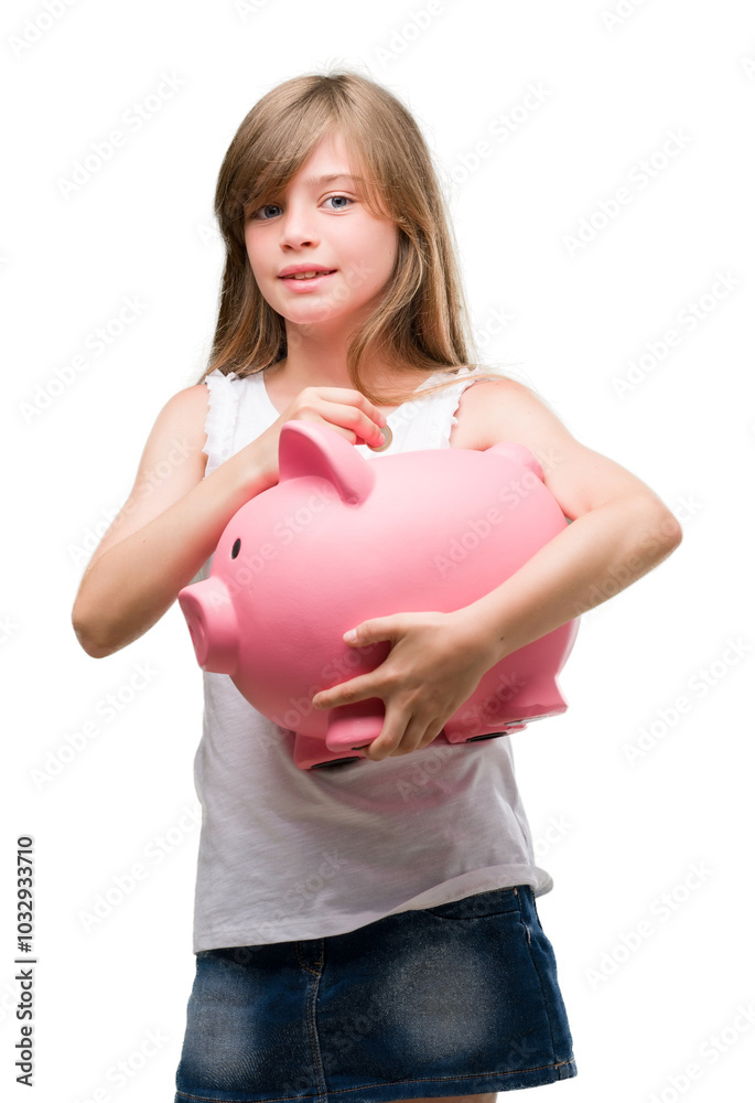 Young blonde toddler holding piggy bank with a happy face standing and smiling with a confident smile showing teeth Young blonde toddler holding piggy bank with a happy face standing and smiling with a confident smile showing teeth
