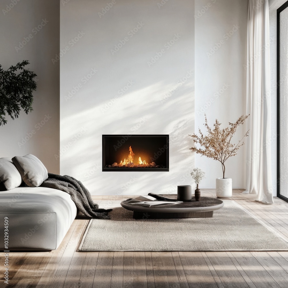 A living room with a fireplace and a couch A living room with a fireplace and a couch