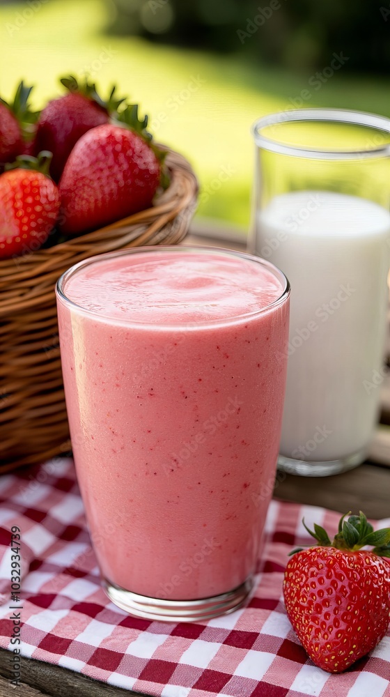 Refreshing strawberry smoothie in a tall glass on a red and white checkered tablecloth. Refreshing strawberry smoothie in a tall glass on a red and white checkered tablecloth.
