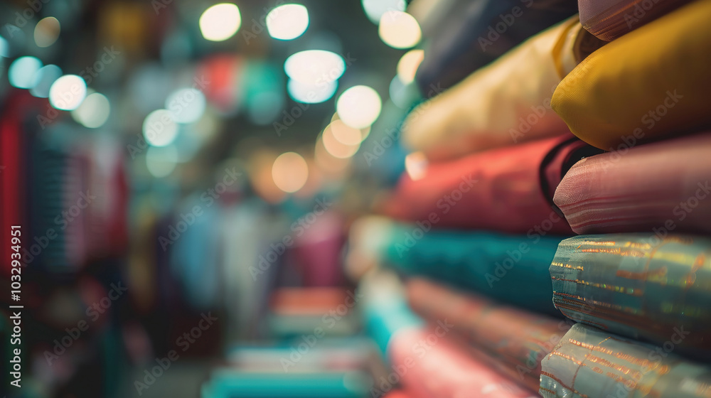 Vibrant fabrics in a busy tailor shop create inviting atmosphere for customers Vibrant fabrics in a busy tailor shop create inviting atmosphere for customers