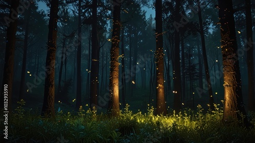 A dark and mysterious forest at night with glowing fireflies, creating an ethereal and magical atmosphere.