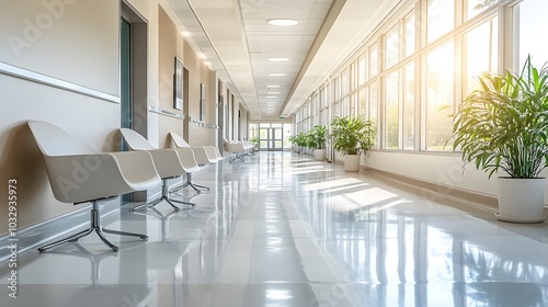 Bright, modern hospital corridor with sleek, clean lines, white walls, and a sterile environment, illuminated by natural light for a pristine medical setting