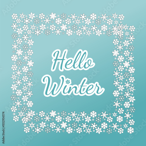 hello winter template. card with winter typography on gradient background with snowflakes. cute vector illustration in contrasting white and blue. for backdrop, banner, greeting, invitation, poster