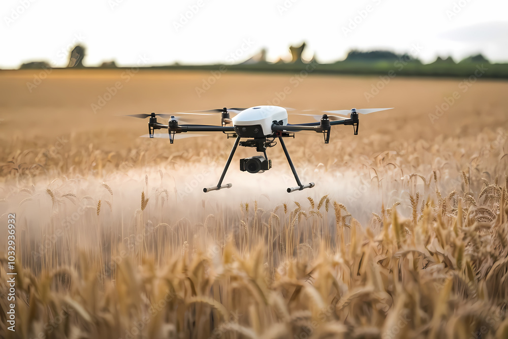 A drone spraying crops in a golden wheat field, showcasing modern agriculture technology and aerial farming practices. A drone spraying crops in a golden wheat field, showcasing modern agriculture technology and aerial farming practices.
