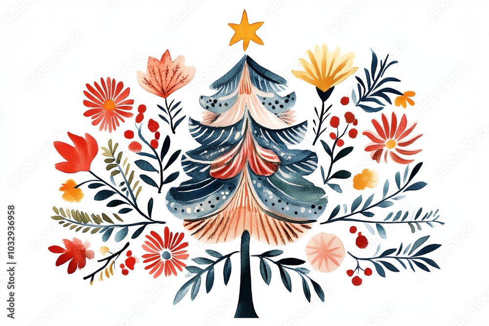 Obraz premium A Christmas tree with flowers and a star on top. The tree is surrounded by a lot of flowers, and the colors are bright and cheerful. Scene is festive and joyful, perfect for the holiday season