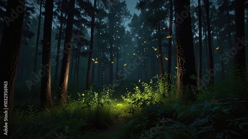 A mystical forest scene at night, illuminated by fireflies and a soft light emanating from the forest floor.