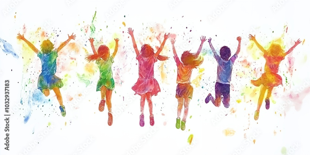 A group of children are jumping in the air, with some of them wearing colorful clothes. Concept of joy and playfulness, as the children are engaged in a fun activity together