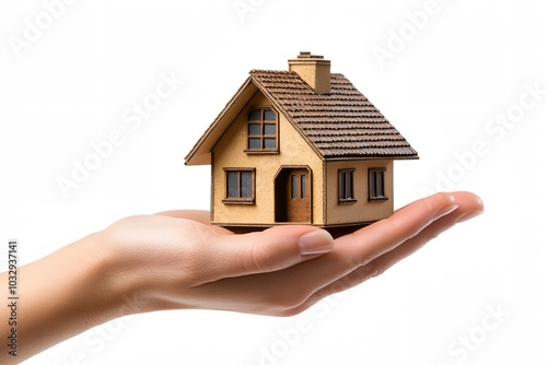 A hand is holding a small house. The house is made of wood and has a slanted roof. The hand is holding the house in a way that it is a gift or a present