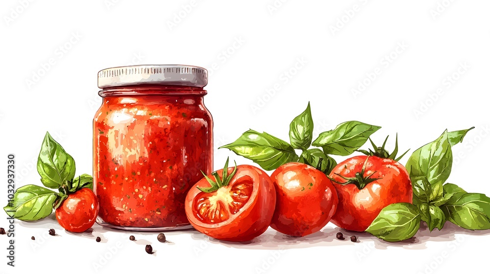 A stylish pasta sauce jar with matte label, elegant typography, surrounded by fresh tomatoes and basil, high-end kitchen elements, isolated on white background A stylish pasta sauce jar with matte label, elegant typography, surrounded by fresh tomatoes and basil, high-end kitchen elements, isolated on white background