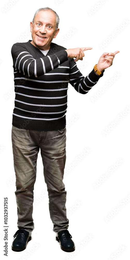 Handsome senior man wearing winter stripes sweater smiling and looking at the camera pointing with two hands and fingers to the side. Handsome senior man wearing winter stripes sweater smiling and looking at the camera pointing with two hands and fingers to the side.