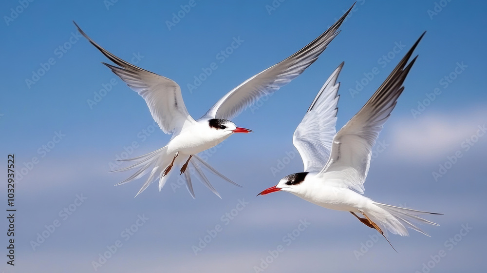 Soaring Arctic terns glide gracefully across bright polar sky Soaring Arctic terns glide gracefully across bright polar sky